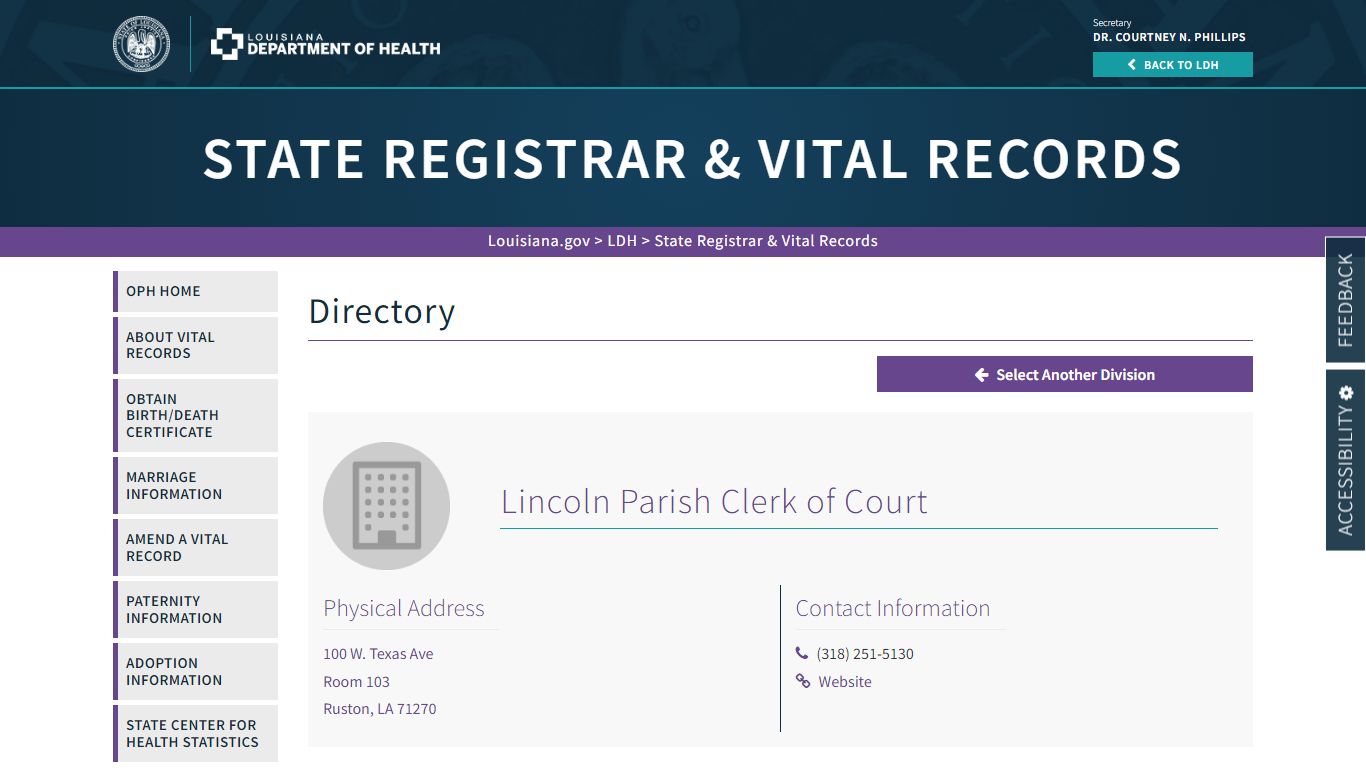 Lincoln Parish Clerk of Court | La Dept. of Health
